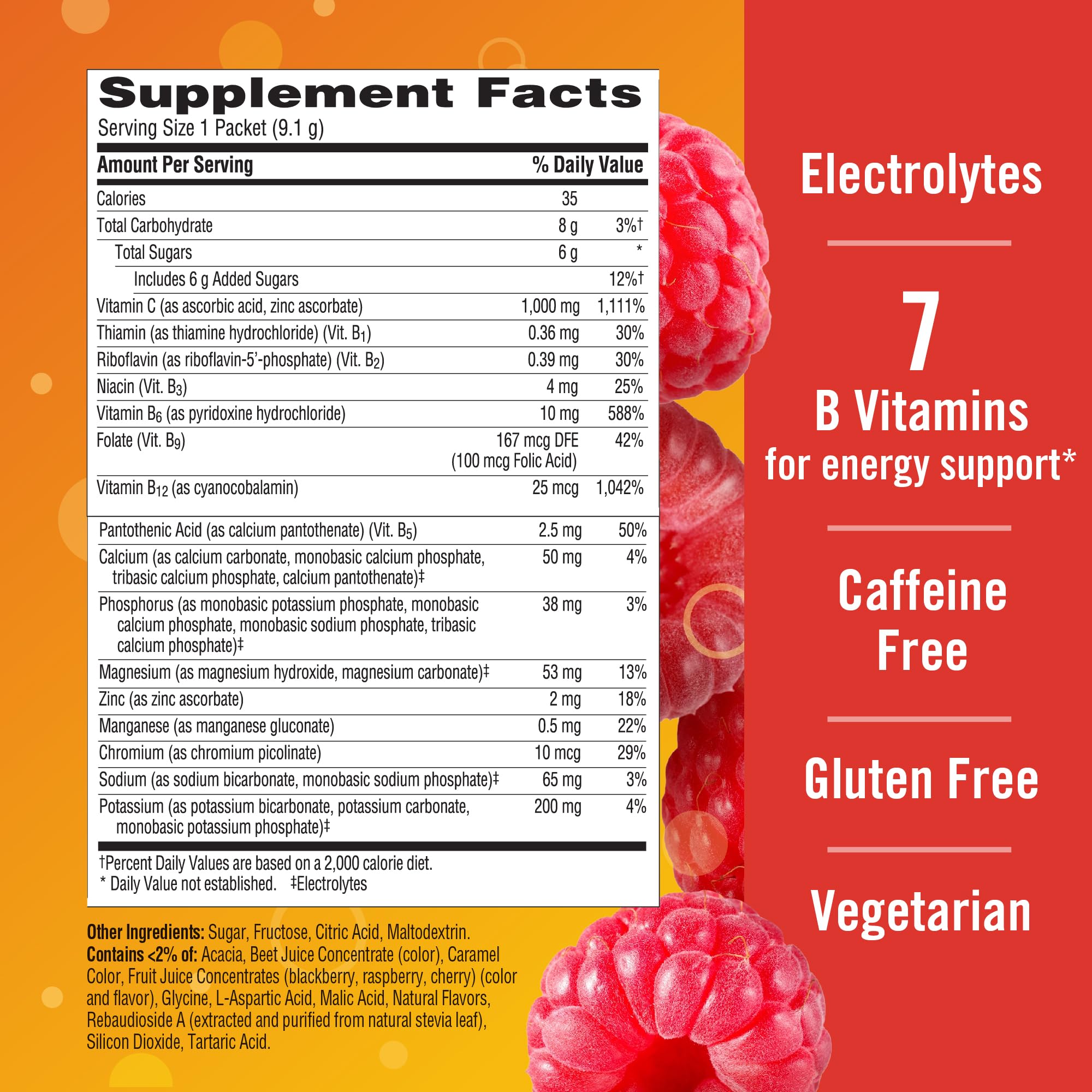 Emergen-C 1000mg Vitamin C Immune Support Powder Raspberry 30CT includes Zinc, Manganese, 7 B Vitamins and Electrolytes for Back to School Essentials