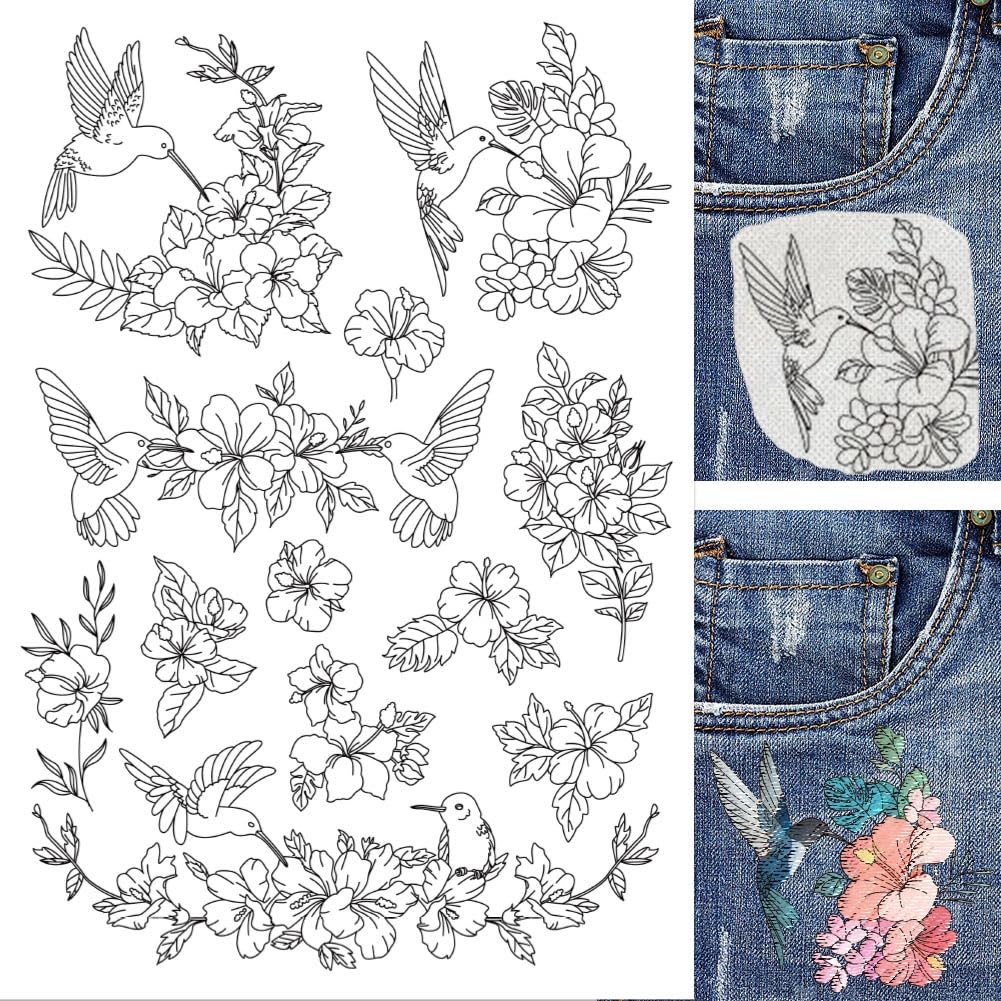 BENECREAT 4 Sheets 60Pcs Hibiscus Hummingbird Water Soluble Embroidery, 30x21cm Stick and Stitch Embroidery Paper Stabilizer Water Soluble Hand Sewing for Shirts, Coats, Bags