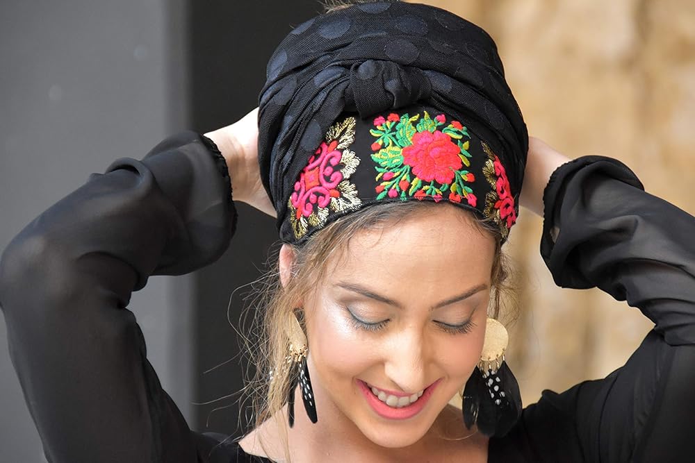 EyeCatching Black Embellished Headscarf, Tichel, Hair