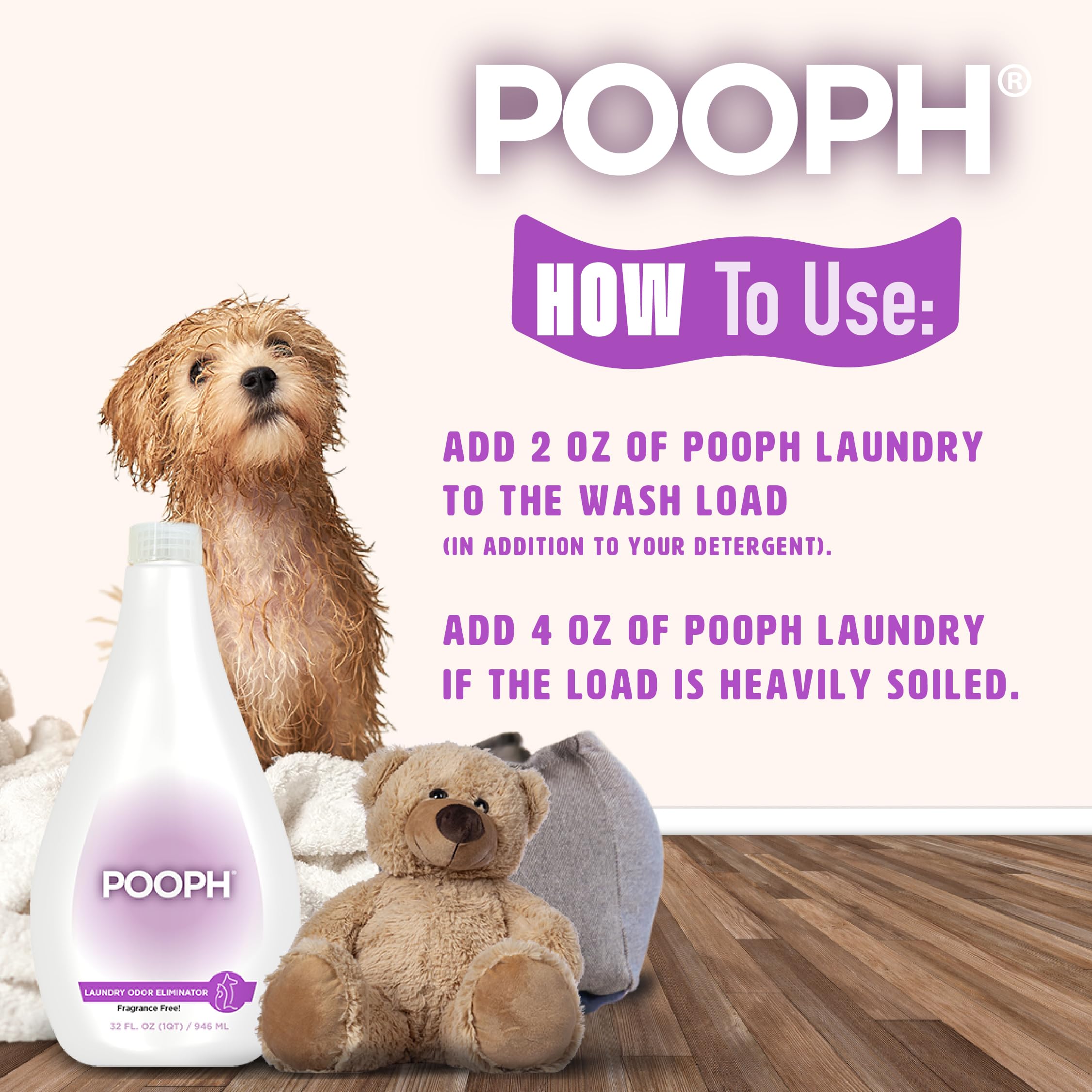 POOPH® Laundry Odor Eliminator, 32oz (16 Loads) – Fragrance-Free, Safe for Pets & People, No Harsh Chemicals, Eliminates Tough Organic Odors from Urine, Vomit, Sweat, Food, & More in Washable Fabrics