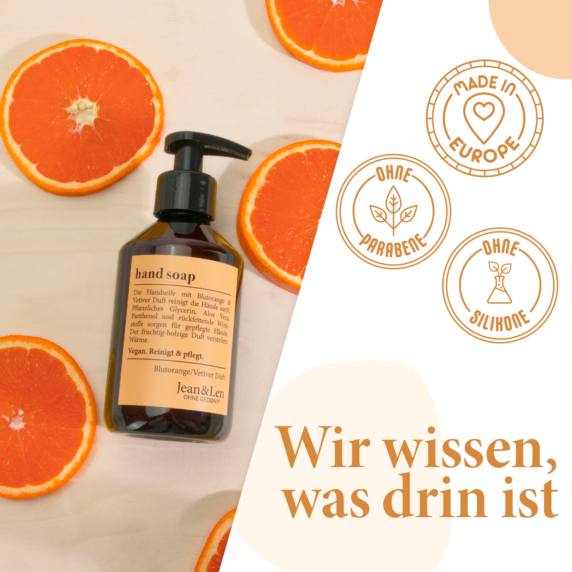 Jean & Len Handseife Blutorange & Vetiver, reinigt Hände sanft, Flüssigseife im Pumpspender für Reine und gepflegte Hände, fruchtig-holziger Duft, ohne Parabene & Silikone, vegan, 250 ml 6