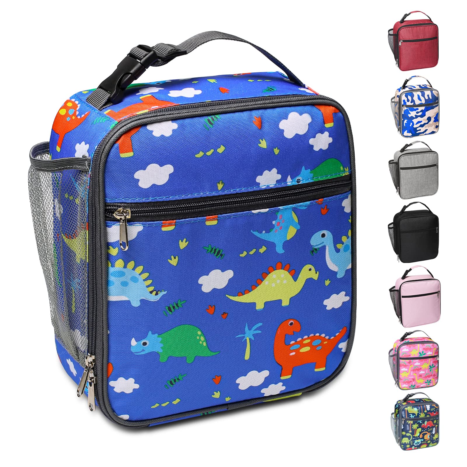 Apuucse Dinosaur Insulated Lunch Bag with Side Mesh Pocket for Kids/Boys/Girls/Child,Water-Resistant Leakproof Soft Cooler Bag Durable Portable Thermal Lunch Box for School/Picnic/Outdoor(Sky Blue)