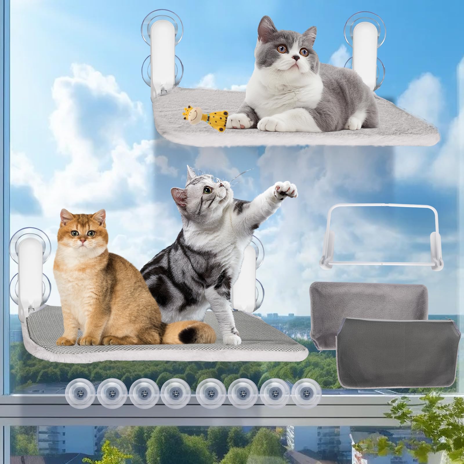 Photo 1 of 2 Pack Heavy Duty Cat Window Perch,Foldable & Stackable Cat Hammock Bed with 8 Strong Suction Cups,Metal Frame and Reversible Cover,22.8"x20.5" Window Seat for Large Indoor Cats