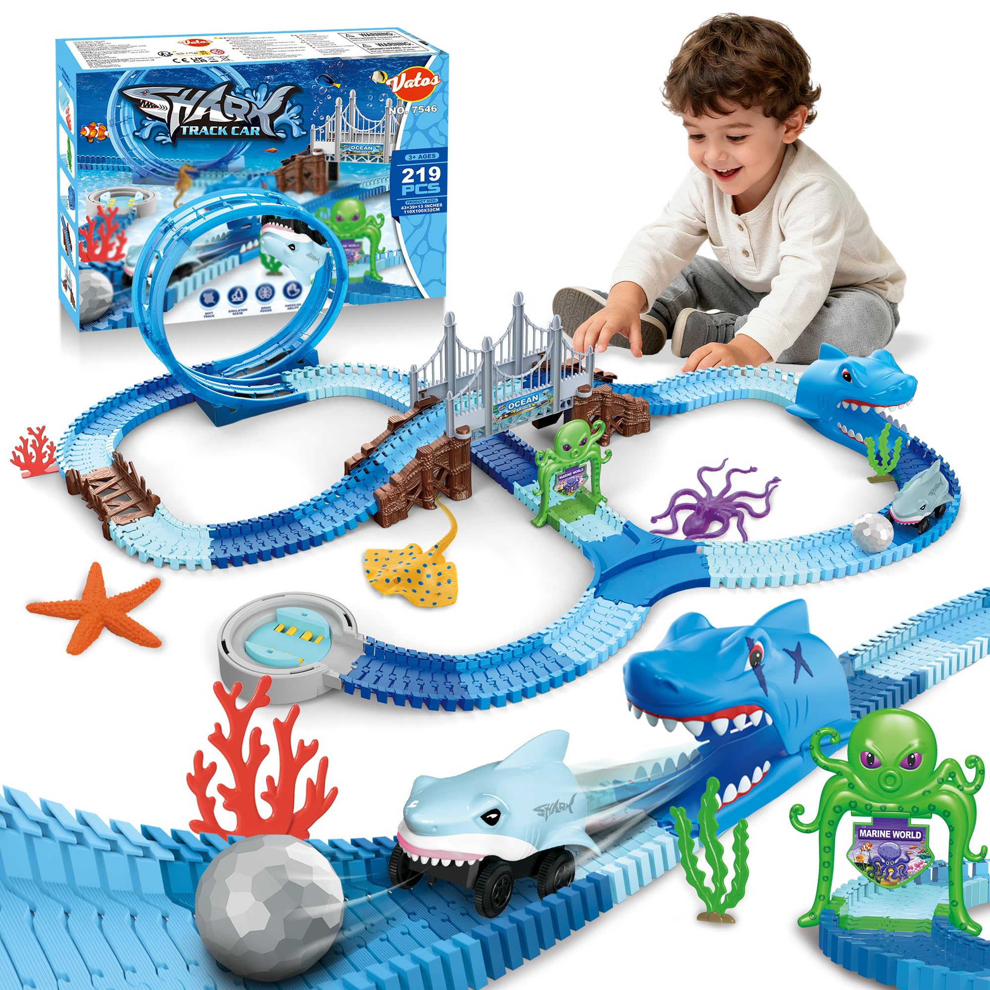 VATOS Shark Track Toys - 219 Pcs Flexible Race Track Set with 360° Loops, Electric Shark Car & Auto-rotating, Create a Shark Theme Road Race, STEM Toy Birthday for Boys Girls Ages 3-8