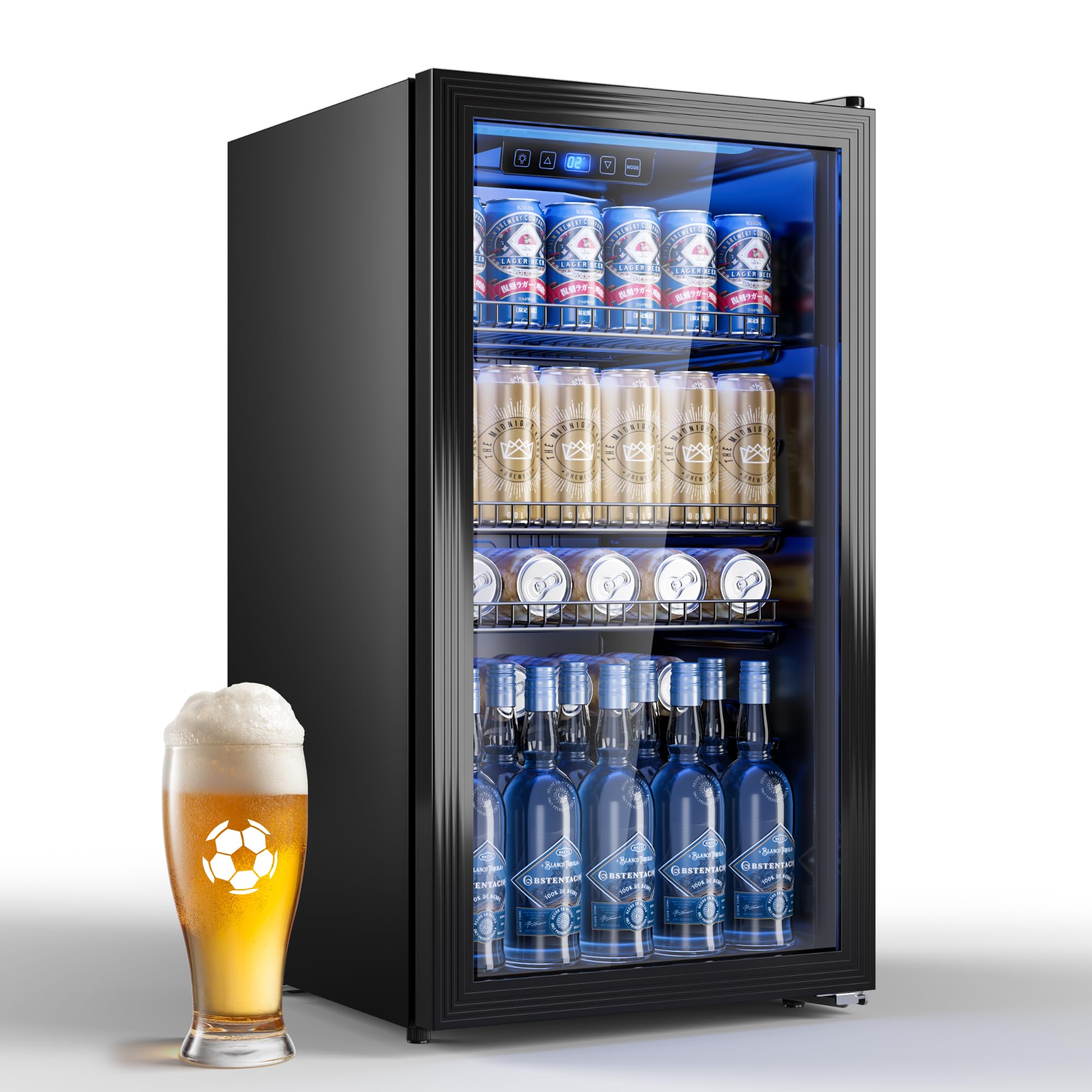 TRIUMPHKEY 90L Mini-Kühlschrank mit Glasfront (Glastür), Kompakter Getränkekühlschrank für bis zu 128 Dosen, mit verstellbaren Regalen für Bier, Wein, Soda, Ideal für Haushalt, Bar, Büro, Wohnung