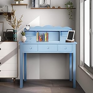 Home Office Furniture Writing Desk,Computer Work Station with Detachable Hutch,5 Drawers (Sky Blue)