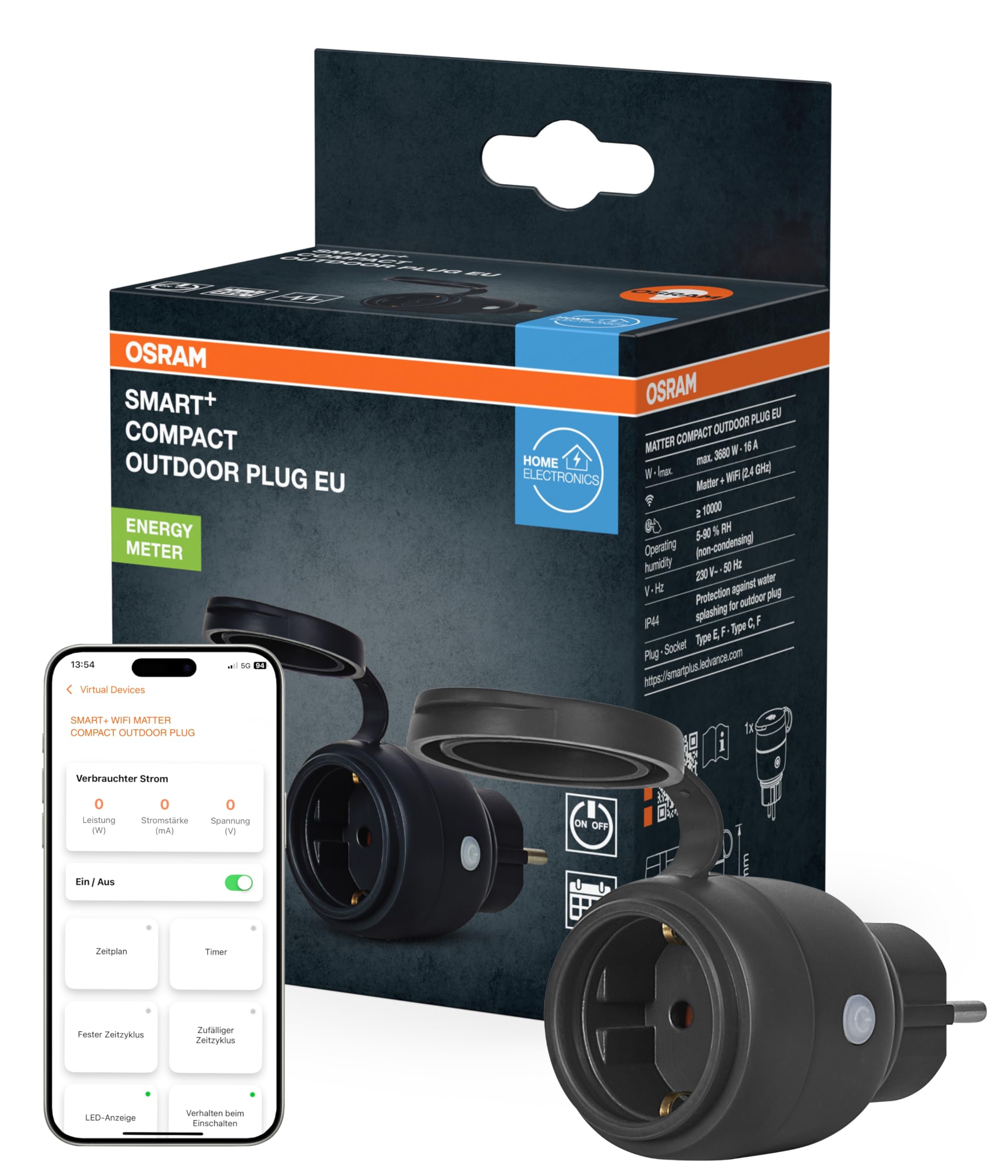 OSRAM SMART+ WiFi Matter Outdoor Plug Außensteckdose, 3680W, 16A, IP44, schwarz, Garten, Balkon