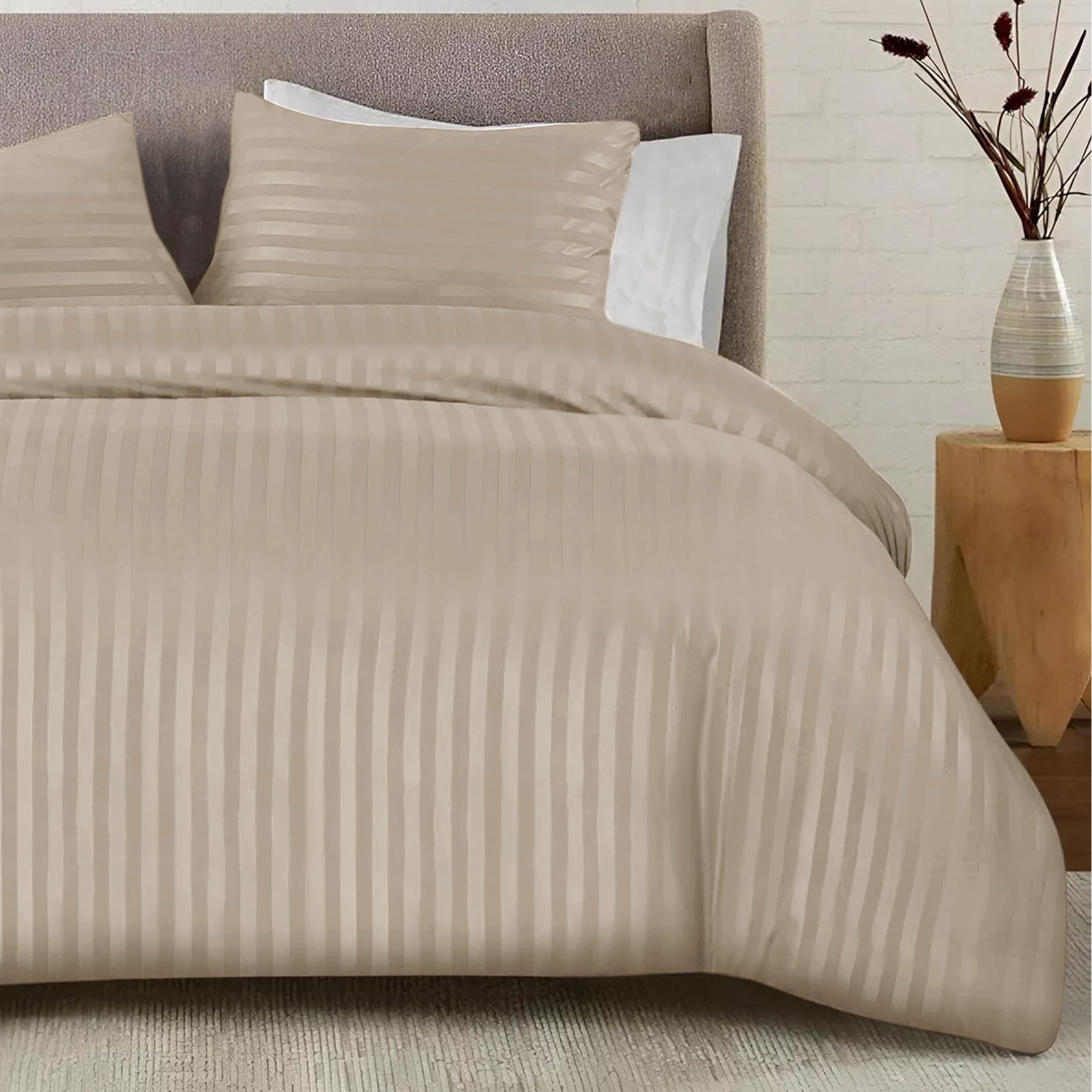 SSW HOMES Beige Single Duvet Cover Set - Soft Easy Care Brushed Microfiber Satin Stripe Bedding Set - Hotel Quality Hypoallergenic Shrinkage and Fade Resistant Cover With Striped Pillowcase