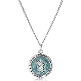 Amazon Essentials Men's Sterling Silver Round St. Christopher Pendant with Blue Background and Rhodium Plated Stainless Steel Chain, 20"