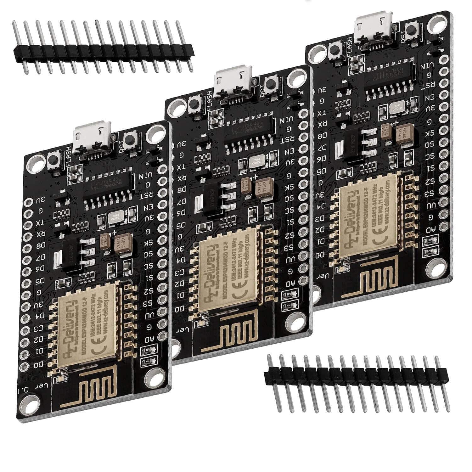 AZDelivery 3 x NodeMCU WiFi Lolin V3 ESP8266 ESP-12F Development Board with CH340 Unsoldered version compatible with Arduino Including E-Book!