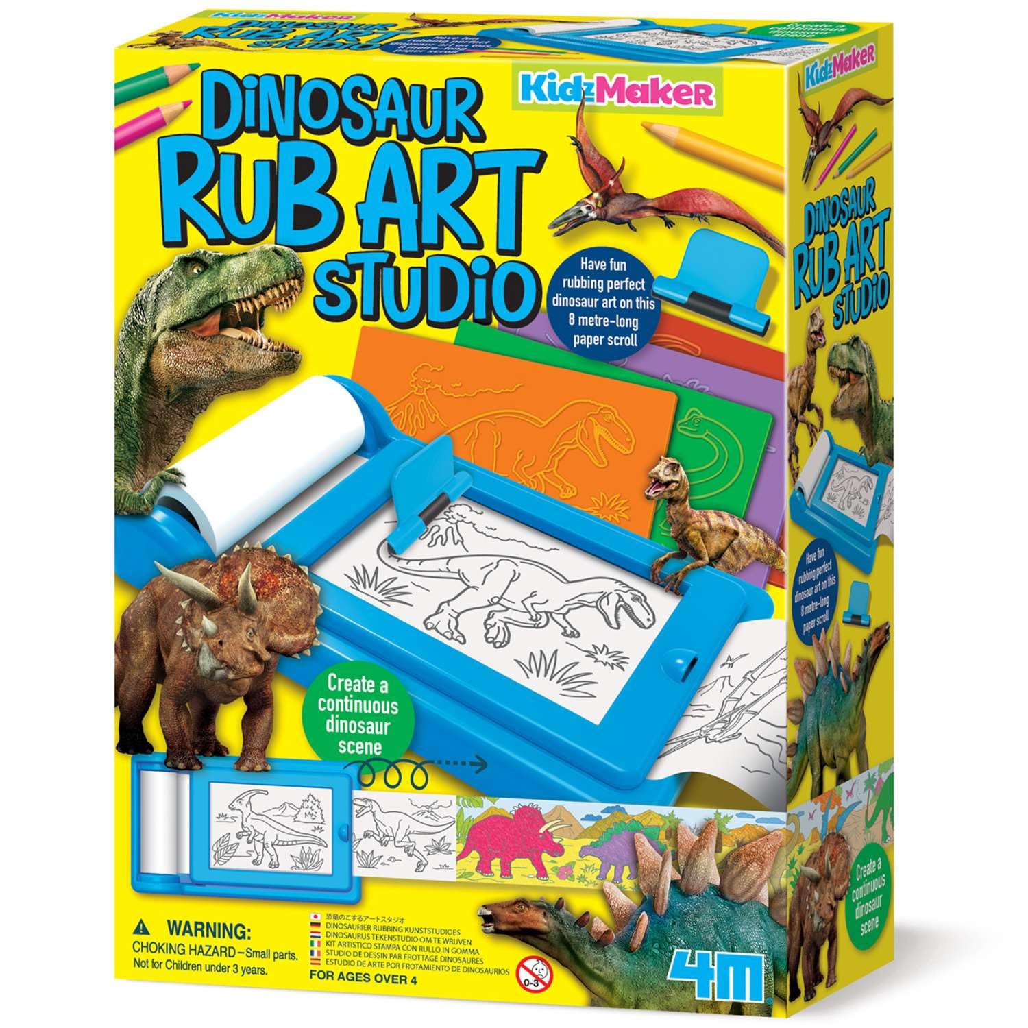 4M KidzMaker Dinosaur Rub Art Studio Craft Kit | Creative Drawing & Rubbing Art Set with 8 m Scroll Templates | Fun Dinosaur Art Activity for Kids Aged 4+ | Screen-Free Play