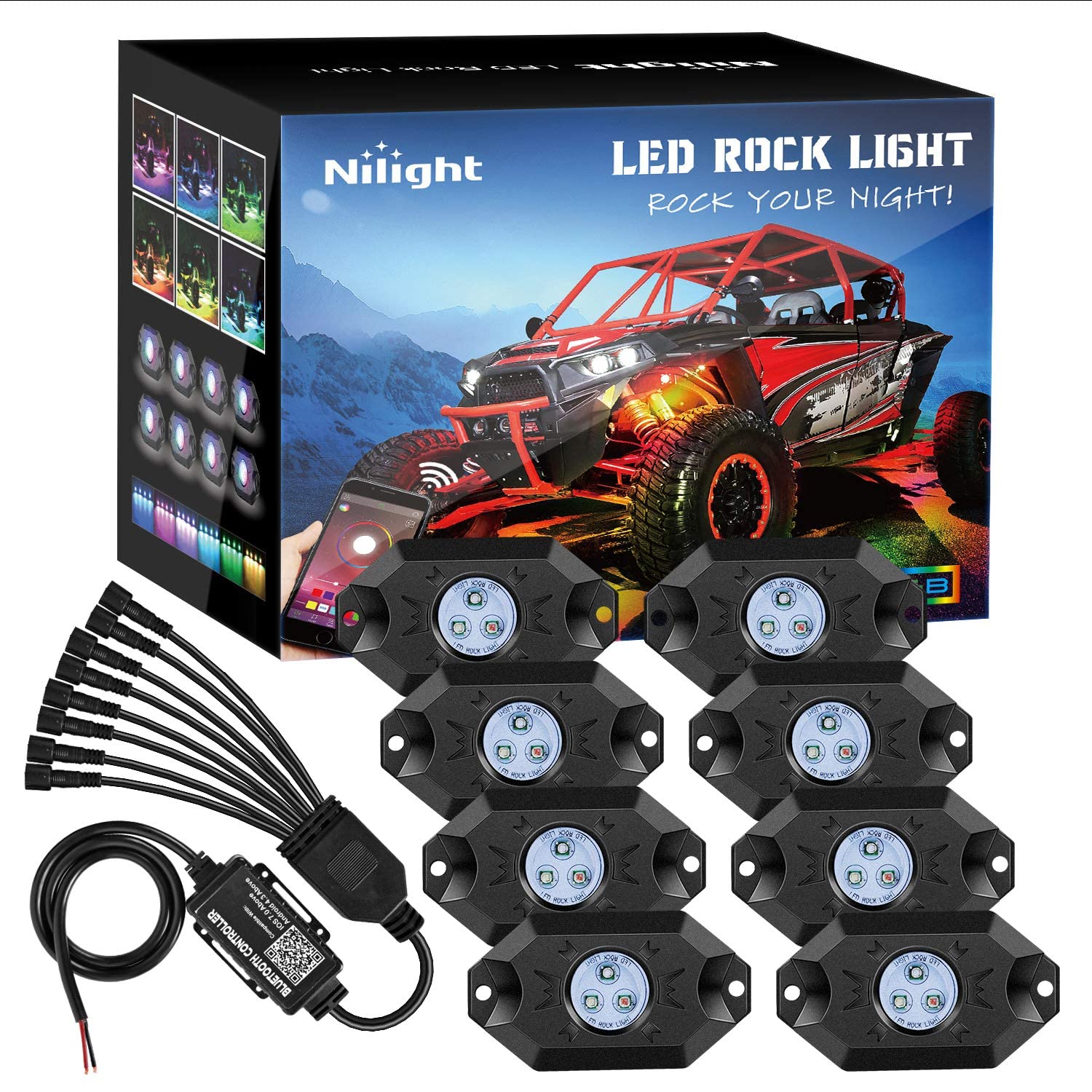 Photo 1 of Nilight RGB LED Rock Lights Kit 8 pods Underglow Neon Multicolor with Bluetooth App Control Music Mode IP68 Exterior Wheel Well Party Lamp for ATV UTV Golf Cart Truck Boat RV