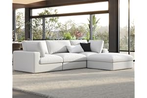PaPaJet Modular Sectional Sofa, 114 Inches Oversized Down Filled Sectional Couch, 4 Seats L Shaped Cloud Sofa with Chaise, Ottoman, Comfy Couch for Living Room, White Linen Couch Set