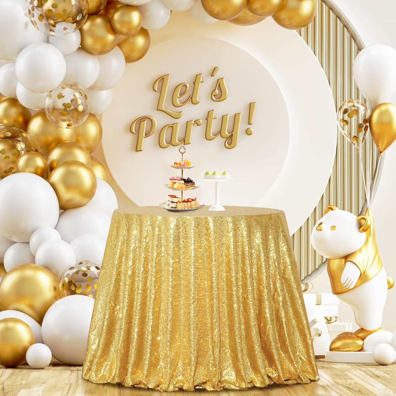 PartyDelight 70" Round Gold Sequin Tablecloth High-Density 3mm Stitched Sequins Sparkling Circular Table Overlay for 48-inch Round Tables, Milestone Birthdays & Holiday Decor