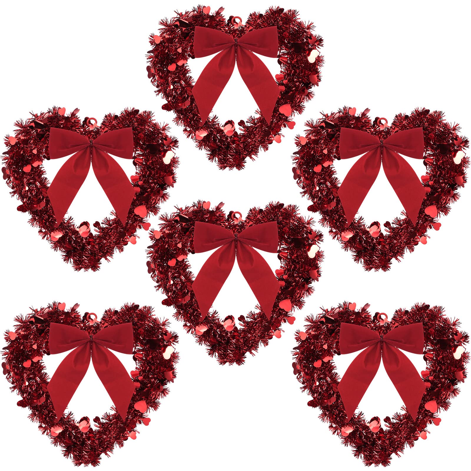 Geosar Red Valentine Heart Wreaths for Front Door Heart Shaped Wreath Tinsel Decor with Bowknot 12 Inch Hanging Valentine's Day Decor for Anniversary Wedding Wall Window Mantel(6 Pieces)