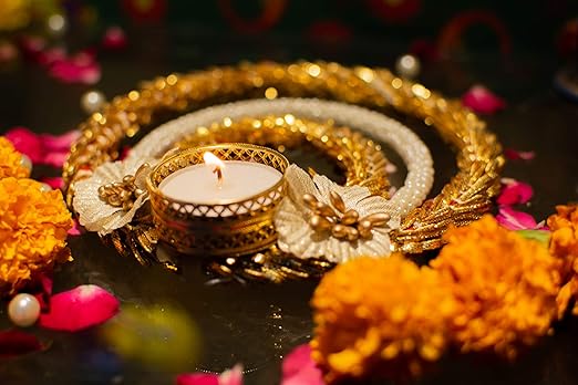 DEVU PARBAT Tea Light Candle Holder and Diwali Decoration Items Traditional Designer Golden Diya with White Flower for Home décor Pack of 2