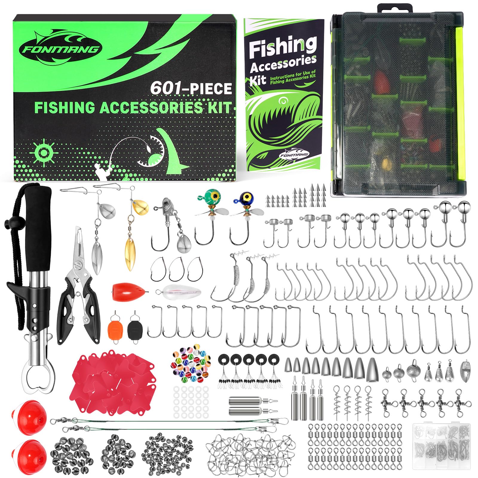 601-Piece Fishing Gear Accessories Kit, [2025 New] Tackle Box with Pliers, Fish Lip Grips,Tackle Storage Trays, Hooks, Weights, Jig Heads, Swivels, 21 Pre-Made Rigs – Fishing Gear for Lures Fishing Image