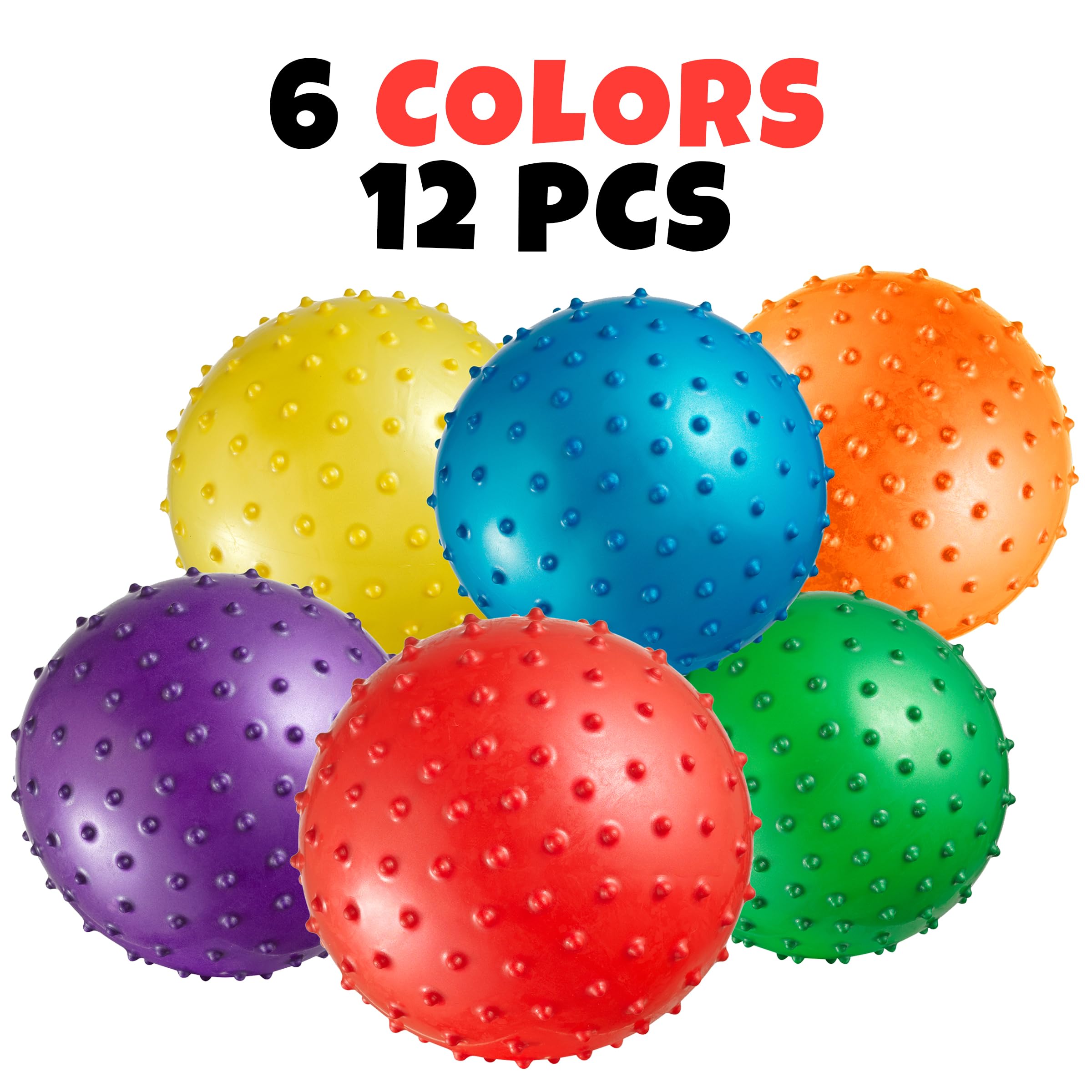 Bedwina Mini Knobby Balls - (Pack of 12) Bulk 5 Inch Sensory Balls and Spiky Massage Stress Balls with Pump, Fun Bouncy Ball Party Favors