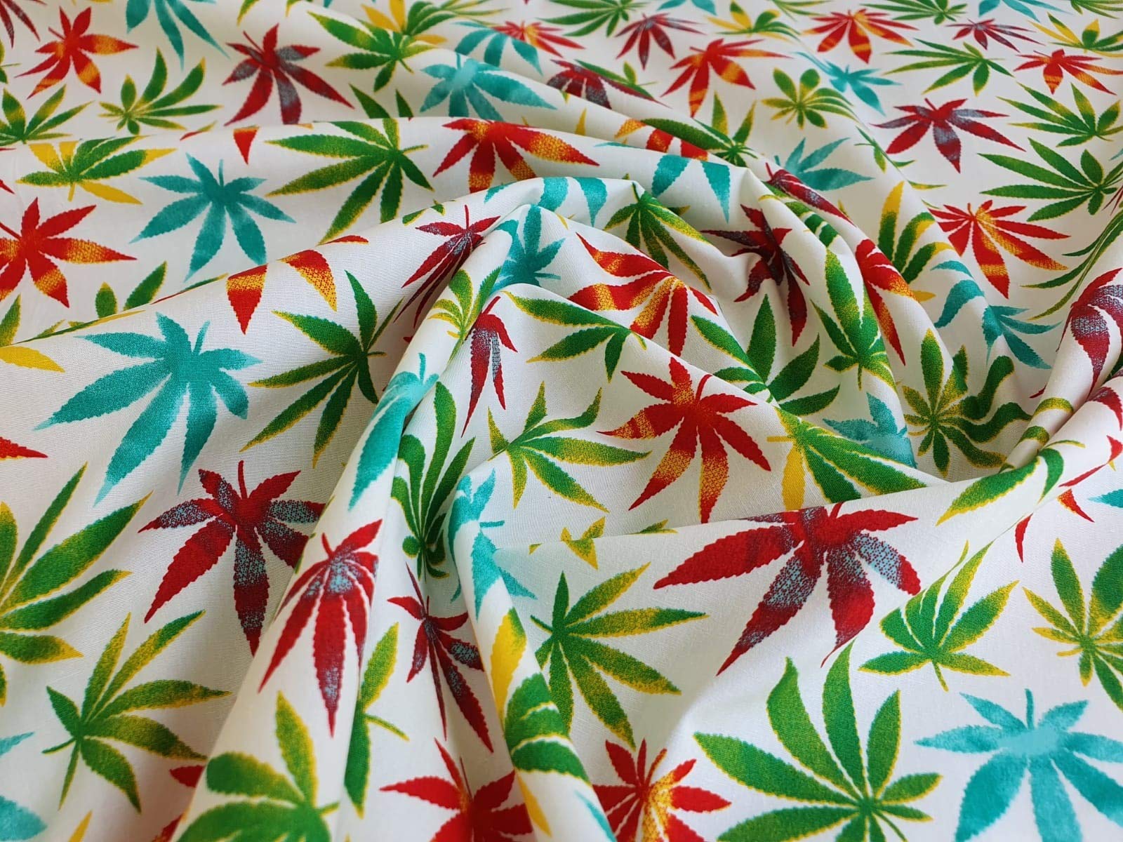 Oddies Multi Colour Rainbow Hemp Leaf Weed Marijuana Design Fabric- Material 112 cm 100% Cotton Poplin -130 gsm - Per Metre