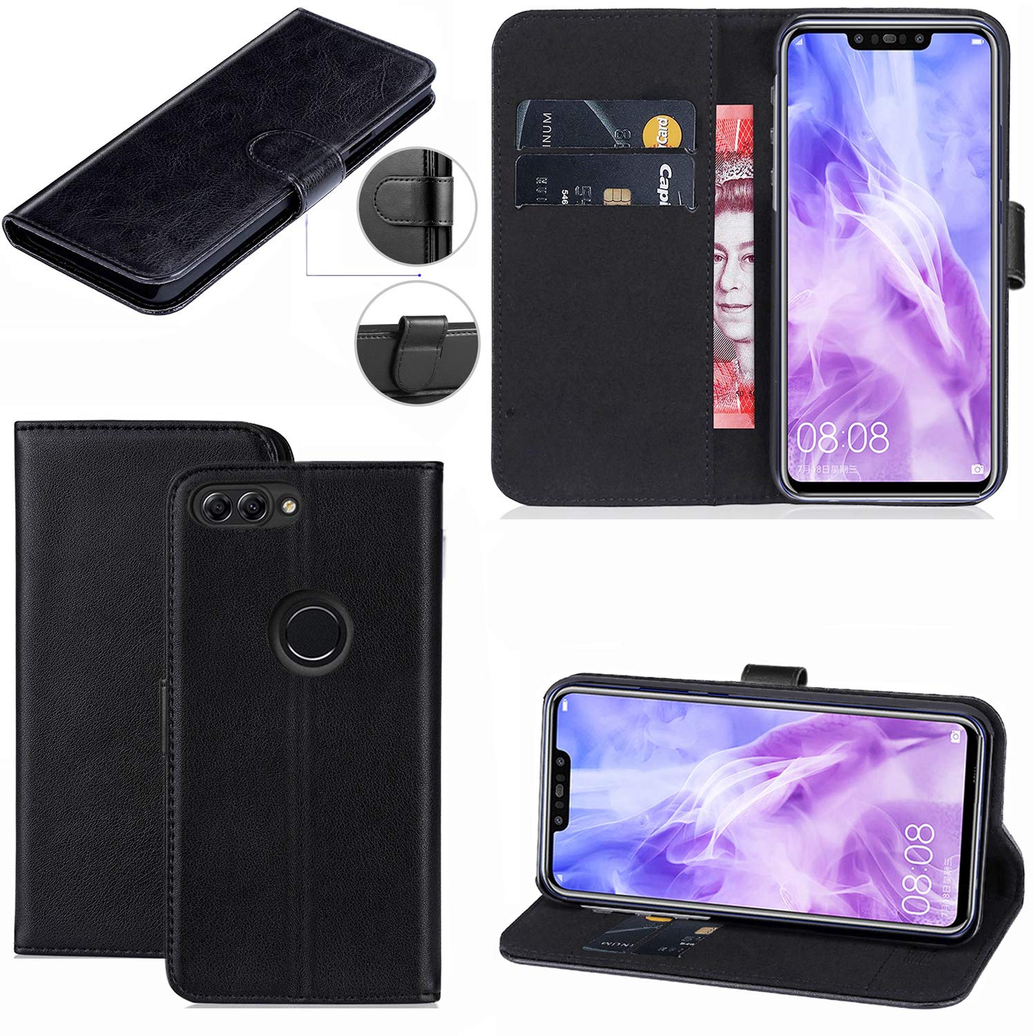 Mobile Stuff Huawei P Smart Case, [Kickstand] [ Card Slot] [Magnetic Closure] TPU Bumper, Full Body Protection Flip Folio Leather Cover Case for Huawei P Smart/Huawei Enjoy 7S (Black)