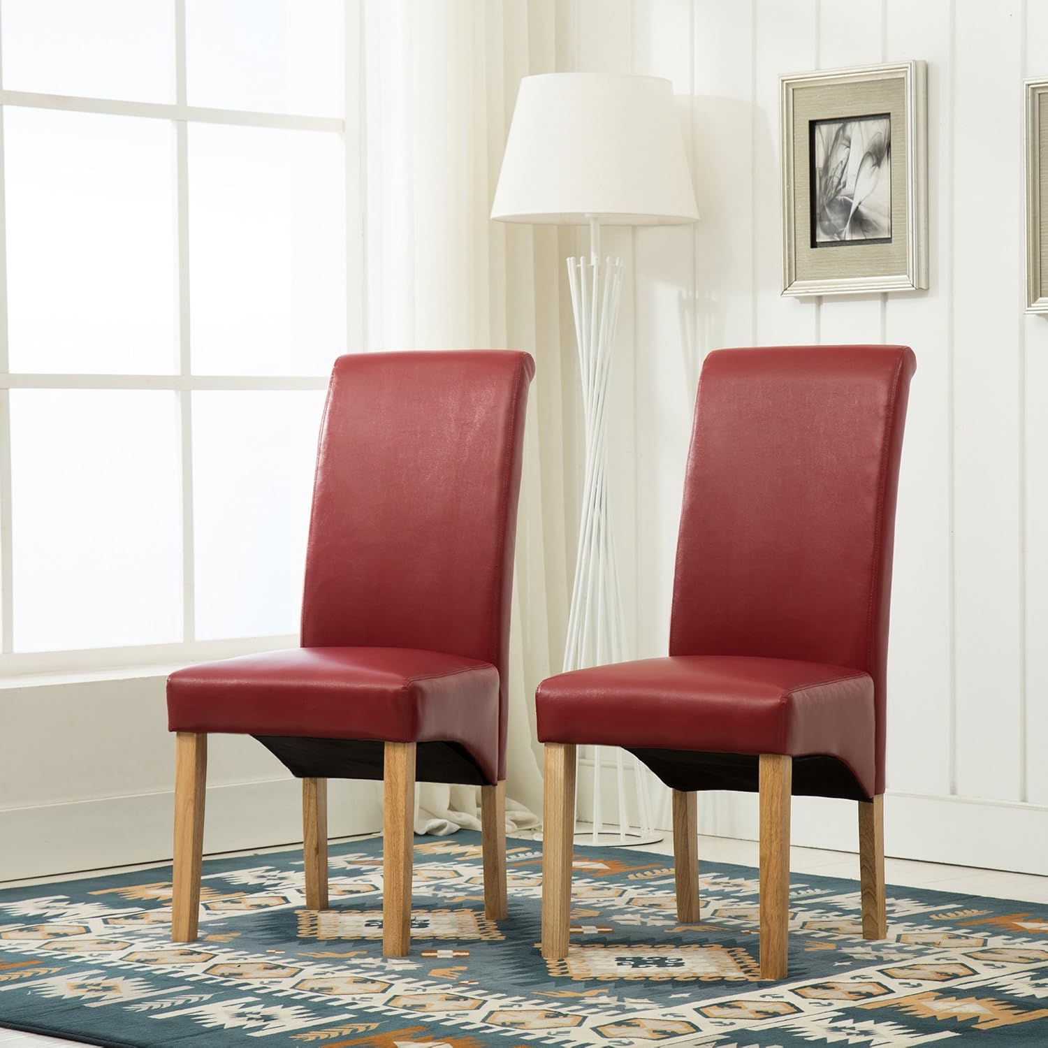 Set of 2 Faux Leather Dining Chairs Roll Top Scroll High Back For Home