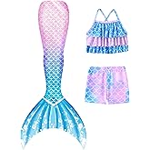 Ghteas Girls Tankini Swimsuit 3 Piece Mermaid Bathing Suit Kids Ruffle Top with Shorts Fish Tail Set Swimwear