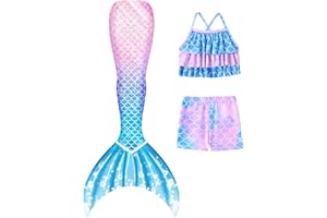 Ghteas Girls Tankini Swimsuit 3 Piece Mermaid Bathing Suit Kids Ruffle Top with Shorts Fish Tail Set Swimwear