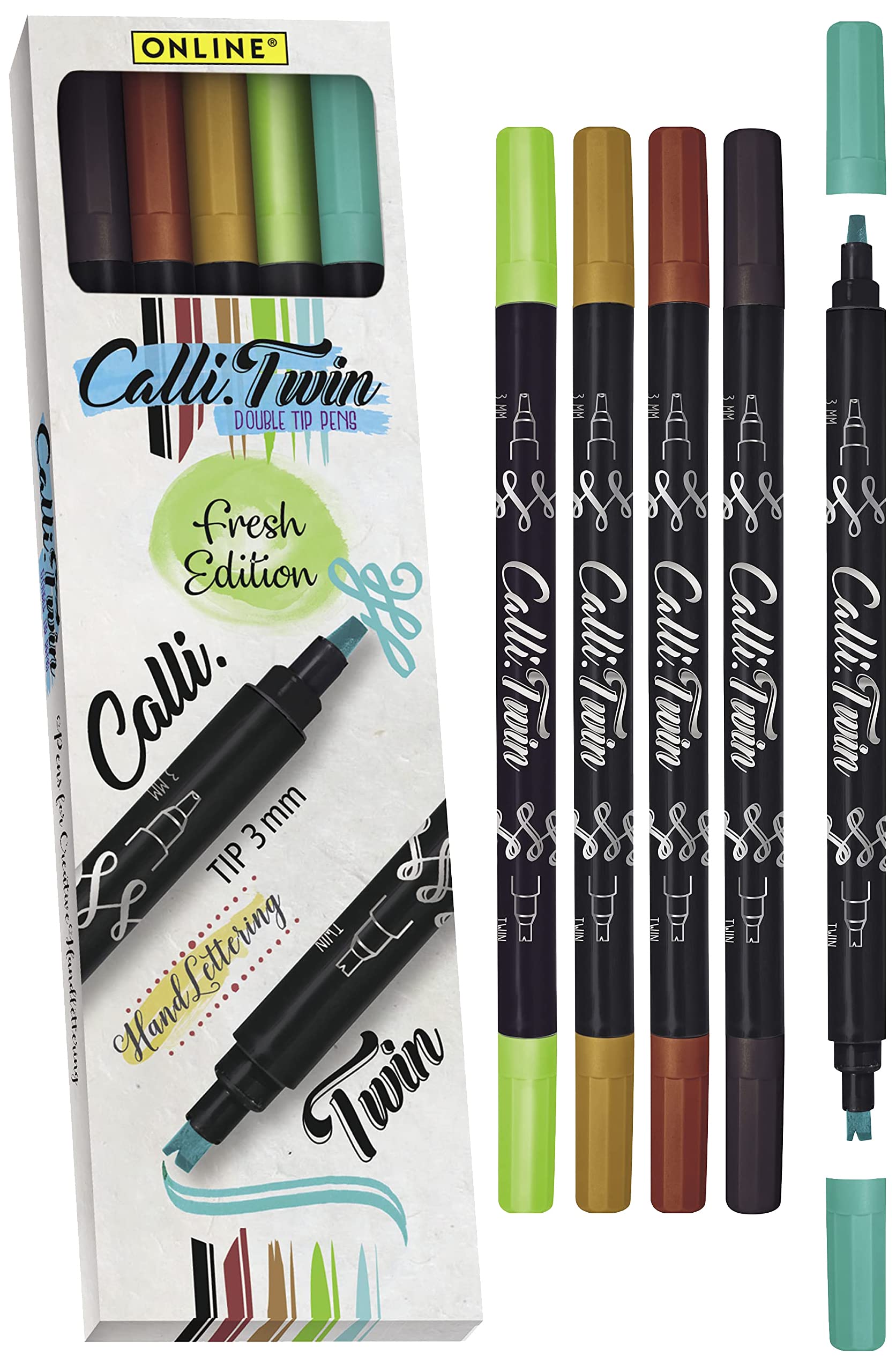 Online Calli.Twin Handlettering Brush-Pens Fresh | Set of 5 double line pens | Calligraphy Set for Bullet Journal, Lettering | Calligraphy tip & brush tip | Water colours | Aquarell pens