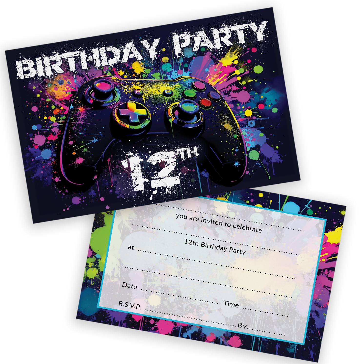 12th Birthday Party Invitations Kids - Video Gamer Gaming 28 Pack - Childrens Birthday Invitations for Boys/Girls A6 Bday Party Invites Invitation Cards with Folding Envelopes