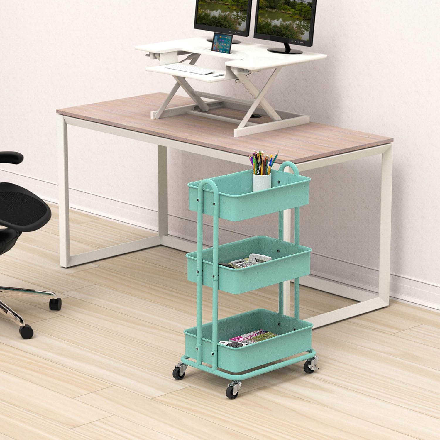 SimpleHouseware Heavy Duty 3-Tier Metal Utility Rolling Cart, Turquoise: Kitchen & Dining