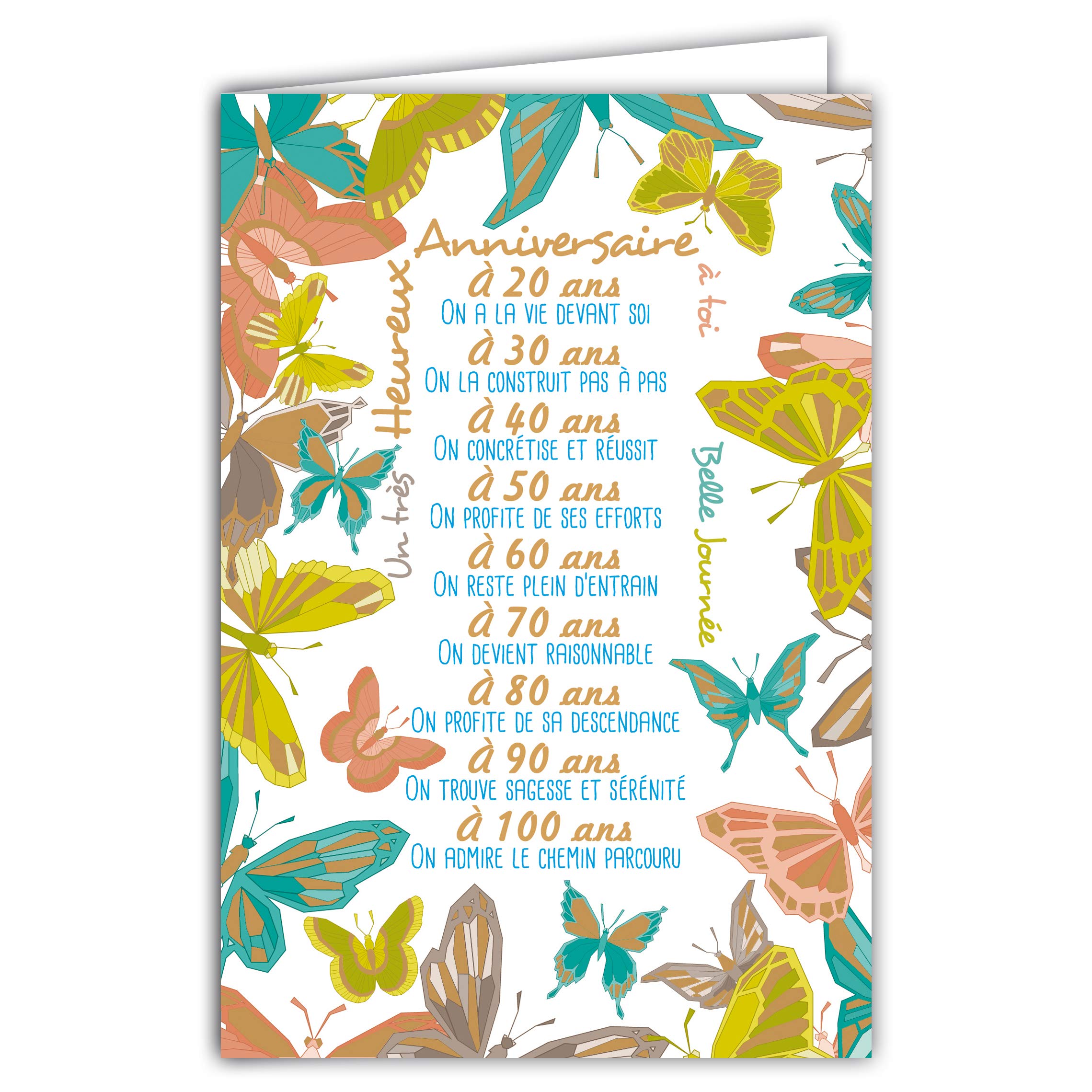 Afie 65-1227 Happy Birthday Card Beautiful Day Butterflies Large Text Ages 20 30 40 50 60 70 80 90 100 Years Gold Plated Made in France