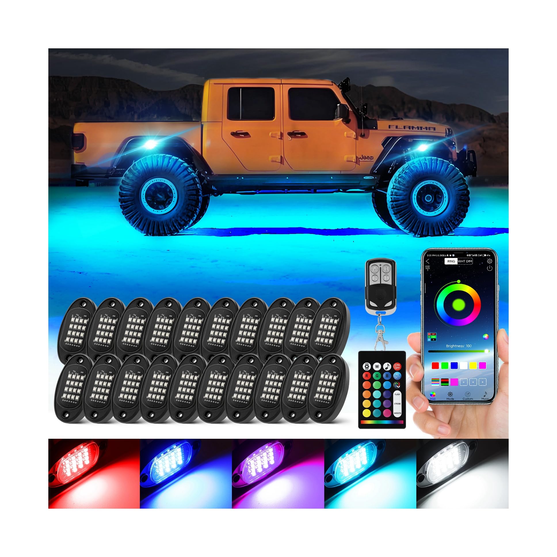 Photo 1 of 20 Pods RGB LED Rock Lights, Waterproof Red Green Blue Underglow Kit for Semi Trucks Boat Trailer Offroad Pickup RV Van Bus 12V