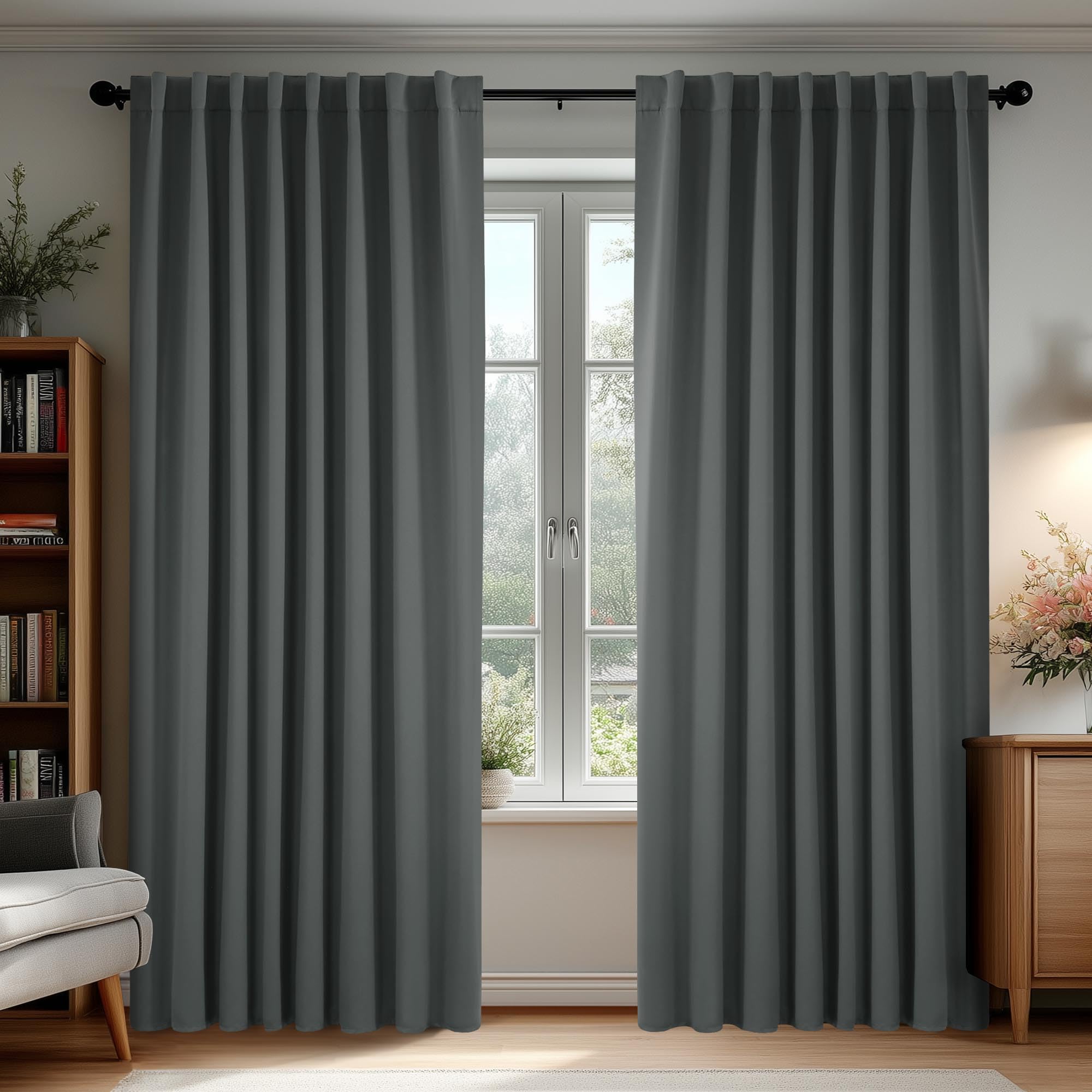 Deconovo Blackout Curtains, Thermal Insulated, W70 x L95 2 Panels, Back Tab, Machine Washable, Room-Darkening Drapes for Bedroom/Living Room Dark Grey Image Deconovo Blackout Curtains, Thermal Insulated, W70 x L95 2 Panels, Back Tab, Machine Washable, Room-Darkening Drapes for Bedroom/Living Room Dark Grey Image