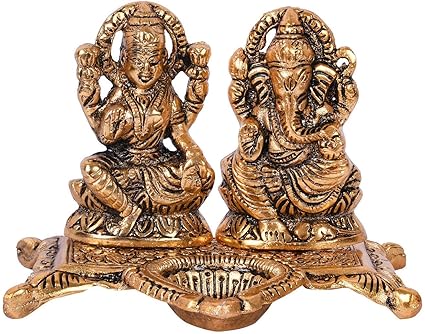 BANSIGOODS (4 Inch) Laxmi Ganesh Ji Idol Showpiece Oil Lamp Diya Deepak - Metal Gold Plated for Diwali Puja and Gift Purpose