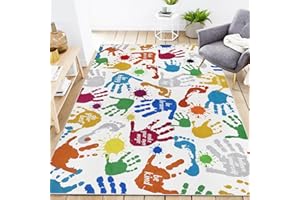 Capslpad Handprints Footprints Kids Rug for Playroom 5'x7' Washable Colorful Soft Area Rug Non-Slip Kids Play Mat for Boys Girls Kids Nursery Bedroom Classroom