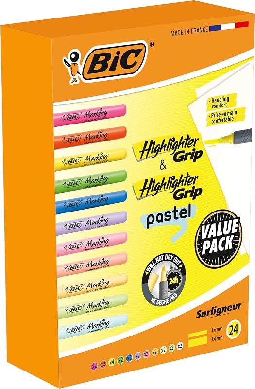 Evidenziatori Highlighter Grip, perfetti per l'aula o l'ufficio, colori assortiti, confezione da 24