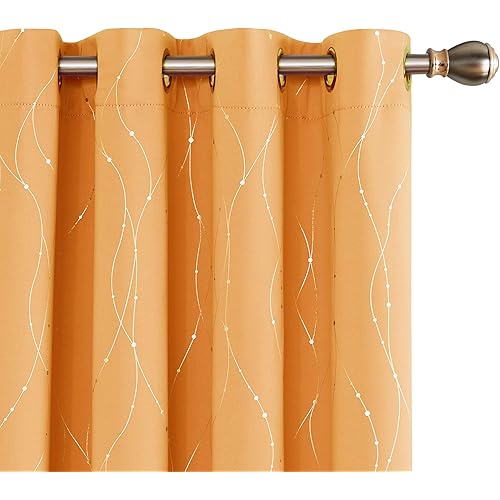 Deconovo Orange Blackout Grommet Curtains Pair Energy Saving Window Curtains with Wave Line Dots Printed Pattern for Windows 52 x 54 Inch Orange Flame 2 Panels