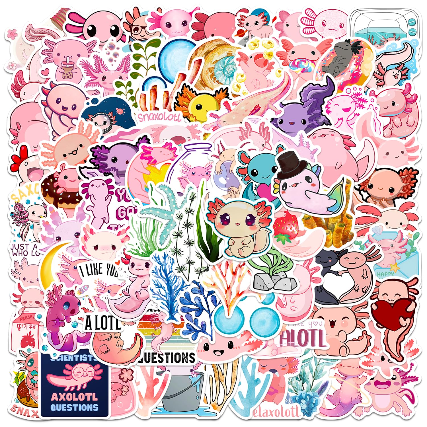 Photo 1 of 100 Pcs Cute Axolotl Stickers Kawaii Axolotl Sticker Pink Animal Vinyl Waterproof Stickes for Water Bottles Laptop Skateboard Luggage Computer Stickerss