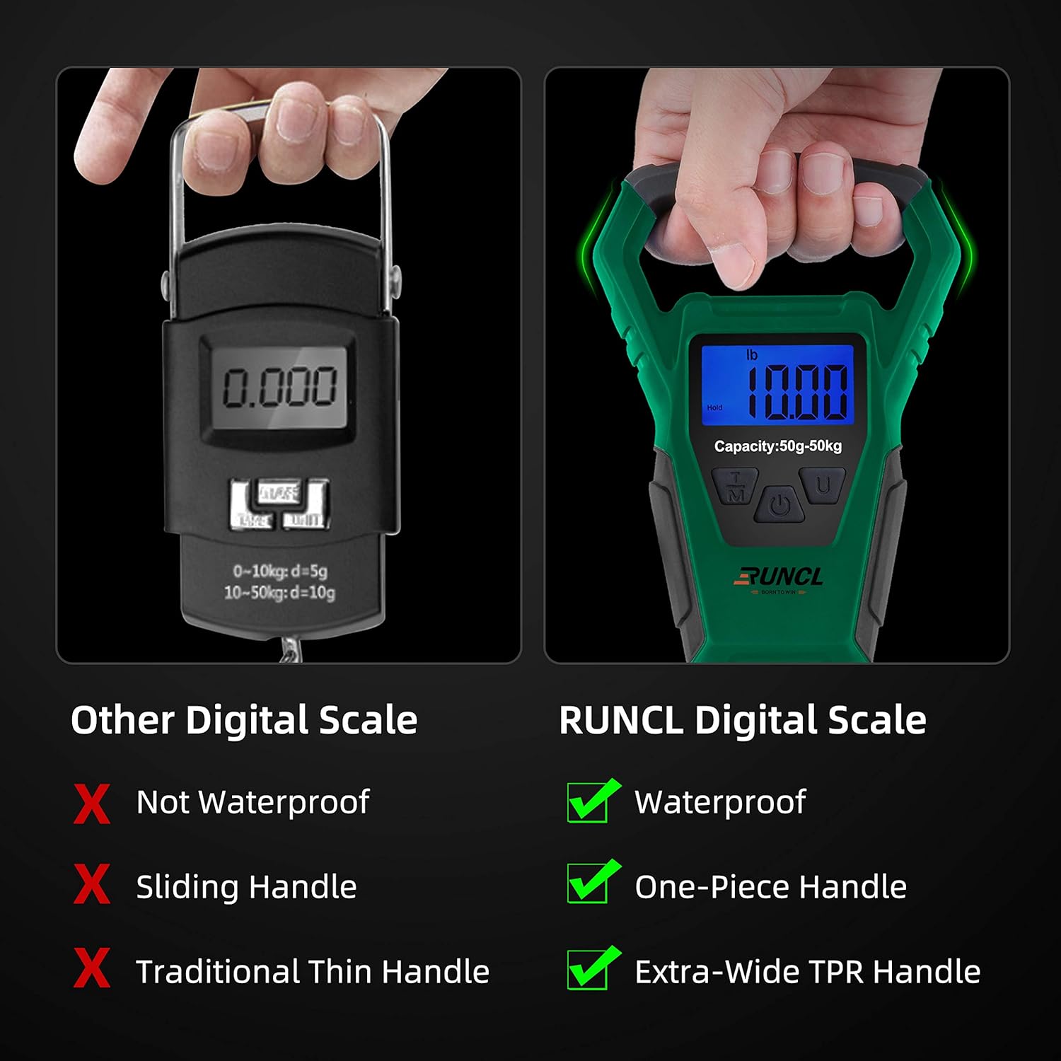 RUNCL Waterproof Fishing Scale with Premium Fish Lip Gripper, Digital Scale with Ruler, Weight Scale 110lb/50kgs - Backlit LCD Display, Memory Storage & Summation - Hanging Scale (Blue) : Sports & Outdoors