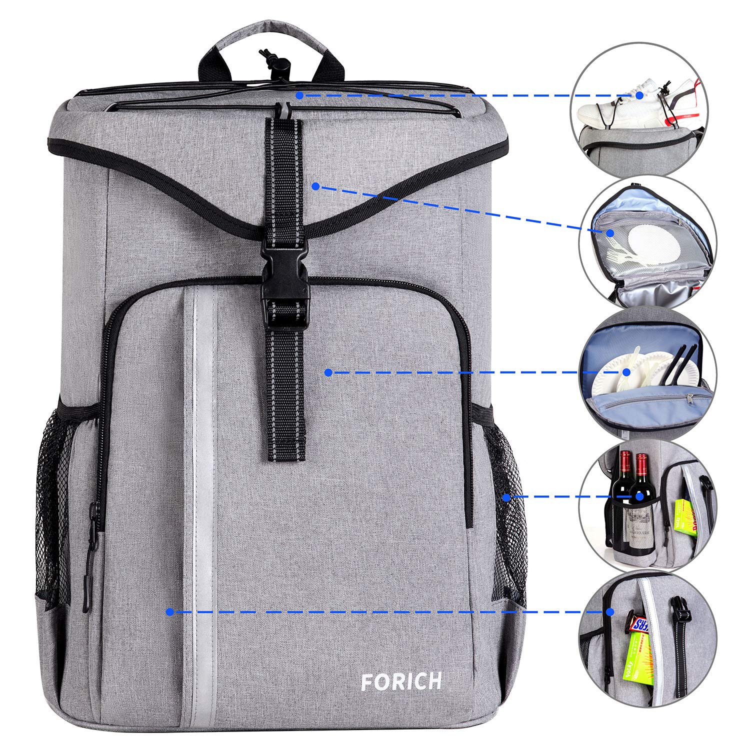 FORICH Backpack Cooler Leakproof Insulated Waterproof Backpack Cooler Bag, Lightweight Soft Beach Cooler Backpack for Men Women to Work Lunch Picnics Camping Hiking, 30 Cans