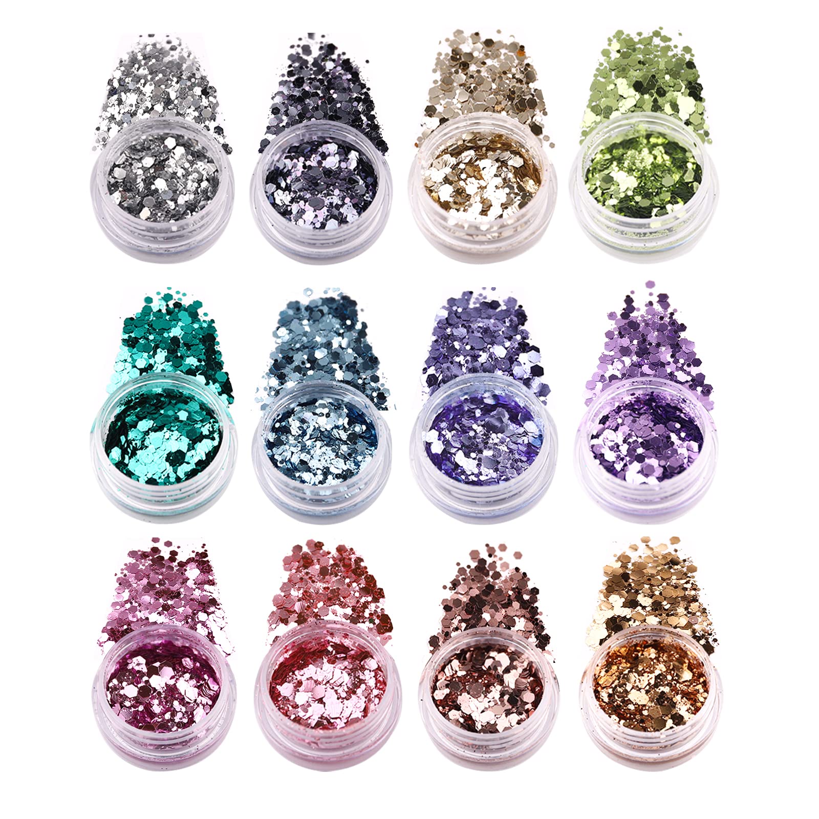 BISHENGYF 12 Nail Glitter Sequins, 3D Mixed Holographic Mermaid Powder Flakes, Metallic Shining Paillette, Aluminum Powder Flakes for DIY Nail Art and Shiny Craftwork