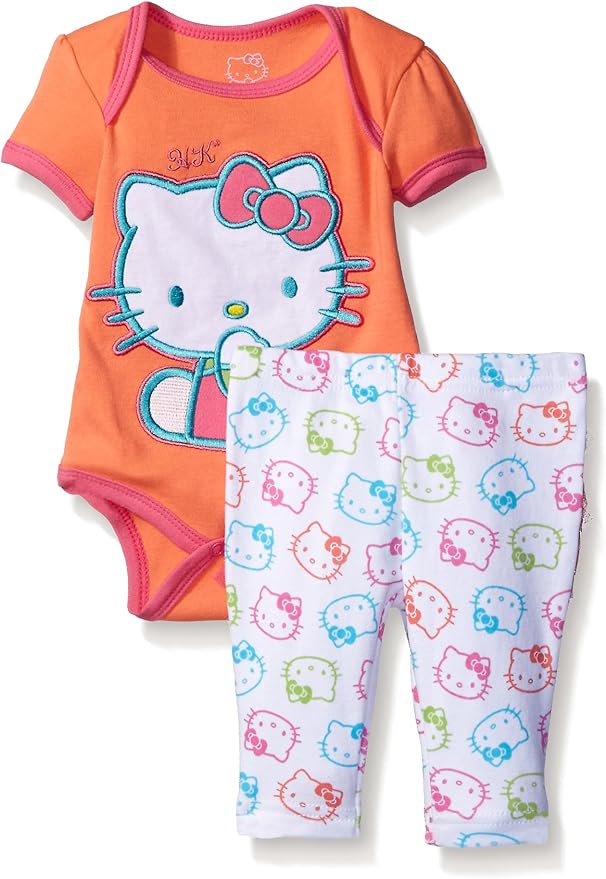 Hello Kitty Baby Bodysuit Ruffle Pant Set with Allover Print,Orange, 6