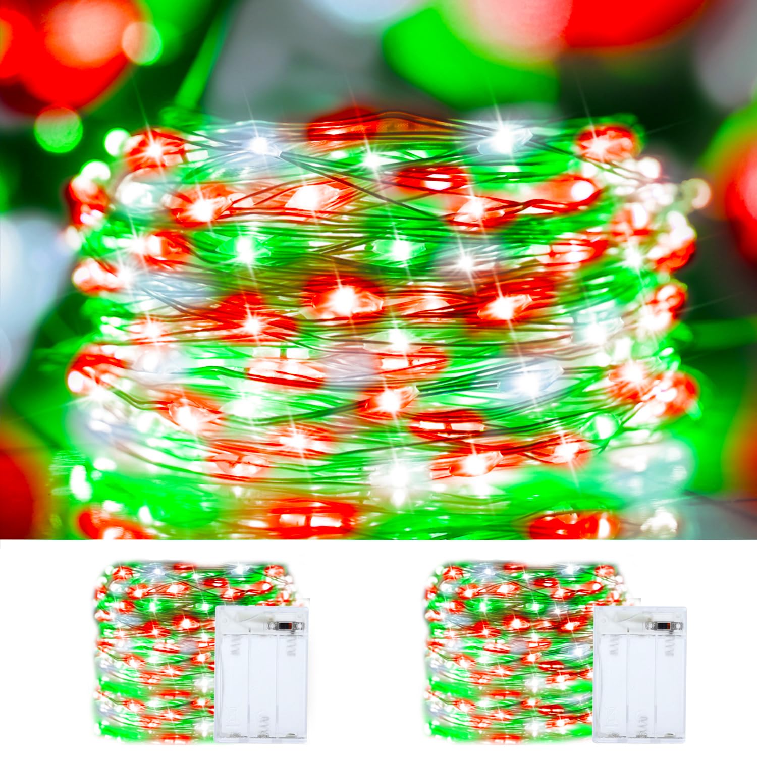 Photo 1 of ***(PARTS ONLY/ NON FUNCTIONAL)***Christmas String Lights Red Green White Copper Wire, 2 Pack Total 200LED Fairy Lights Waterproof Twinkle Lights for Xmas, Bedroom, Garden, Patio, Outdoor Decor- Red White Green