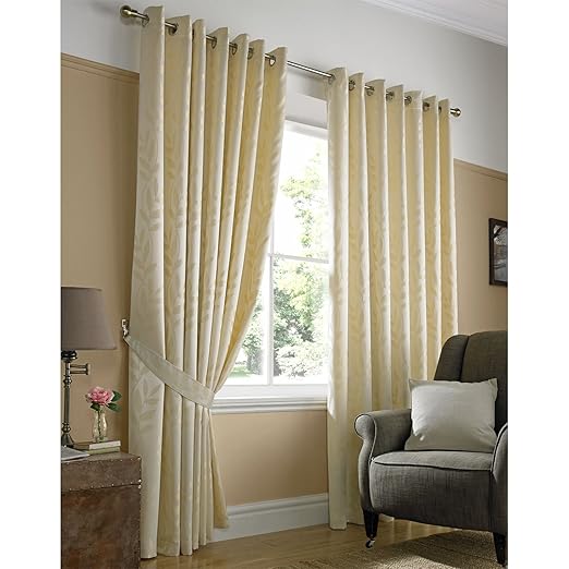 Just Contempo Jacquard Leaves Eyelet Lined Curtains, Cream, 46x72
