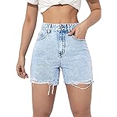 SweatyRocks Women's High Waist Ripped Raw Hem Denim Shorts Casual Straight Leg Jean Shorts with Pockets