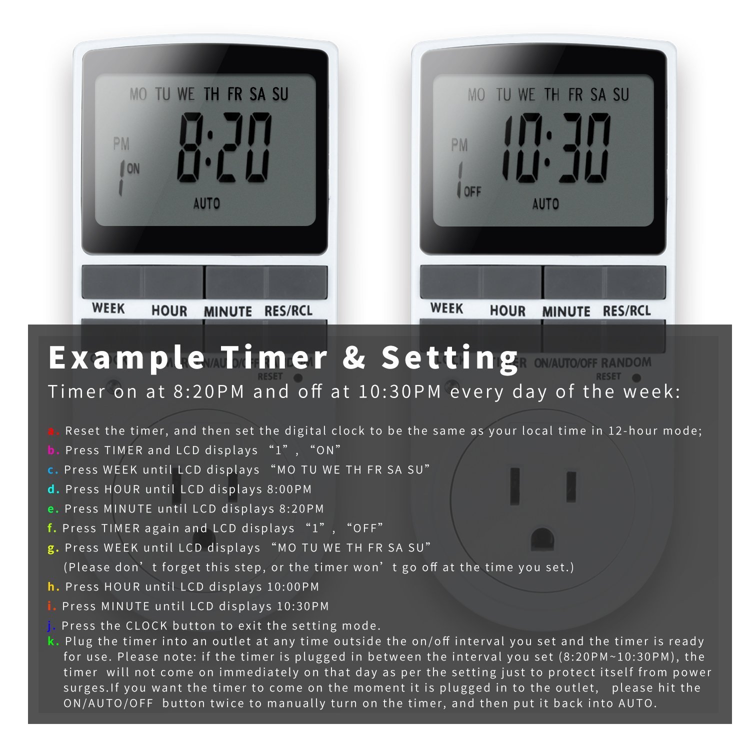 Smart Digital Light Timer with 3Prong Outlet 7day Programmable Plugin Electrical Switch with