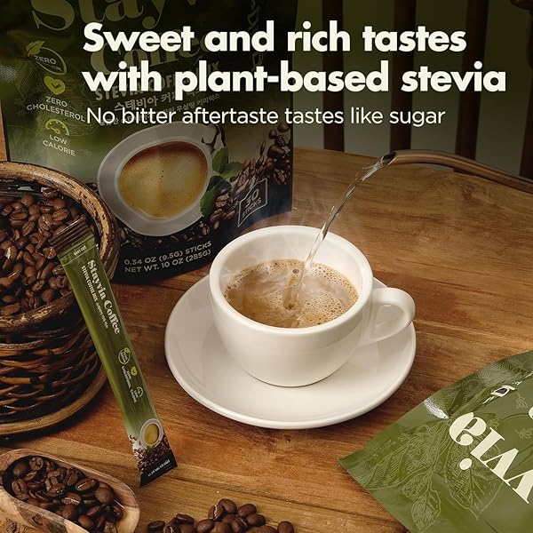 STAYVIA COFFEE STEVIA INSTANT COFFEE PACKETS – KOREAN INSTANT LATTE WITH SUGAR-FREE & LOW CALORIES – 30 STICKS (0.33OZ) – PLANT-BASED SWEETENER – ENJOY CAFFEINE HOT & COLD AT OFFICE, HOME & TRAVEL