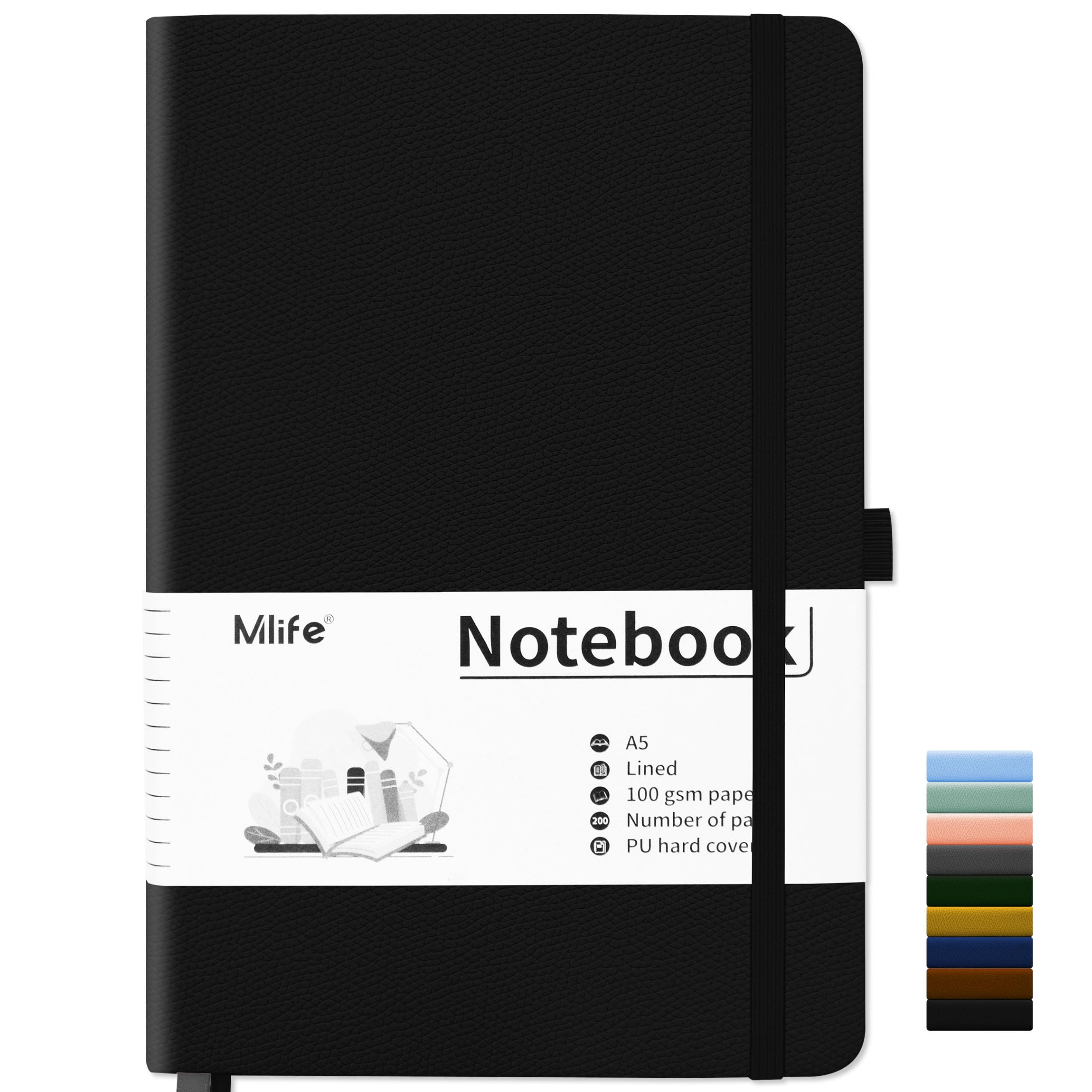 Mlife Notebook A5 Lined,Notebooks with 200 Pages,100 Gsm Thick Paper,Pu Hard Cover Notepad With Inside Pocket,Elastic Banded,Lined Journal for Office School Home Business Writing(Black) — image 1