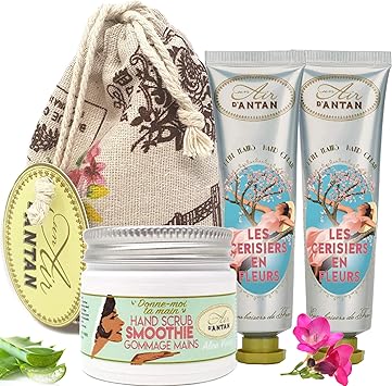 Kit Soin Des Mains Ongles 1 Gommage Double Action 50ml Huile Amande Douce Aloe Vera 2 Cremes Mains Fleurs De Cerisiers Sac Jute Eiffel Un Air D Antan Beurre Karite Petit Cadeau Femme Amazon Fr
