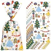 JarThenaAMCS 100Pcs Christmas Cellophane Bags with Twist Ties Xmas Tree Nutcracker Treat Bag Plastic Candy Goodie Bags for Winter Birthday Baby Shower Party Favors Supplies